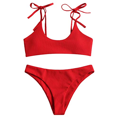 ZAFUL Damen Einfarbiger Gerippter Geknoteter Brazilian Bikini-Set Sexy...